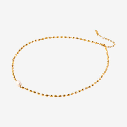 Gold Beaded Necklace with Pearl Accent