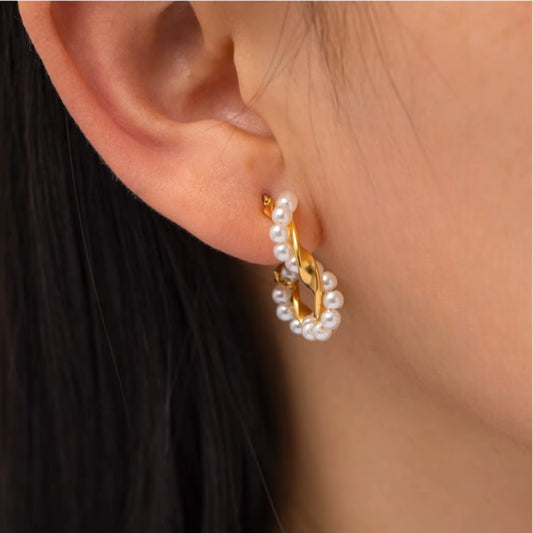 Gold Twisted Hoop Earrings with Pearls
